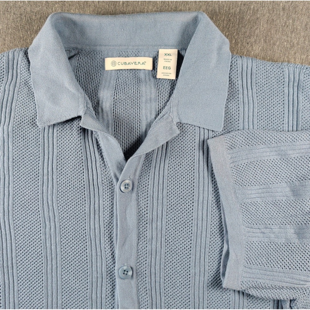 Cubavera 2XL Blue Cuban Style‎ Mesh Stripe Short Sleeve Sweater Shirt Miami Club